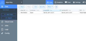 Showing our test object in the Parse dashboard